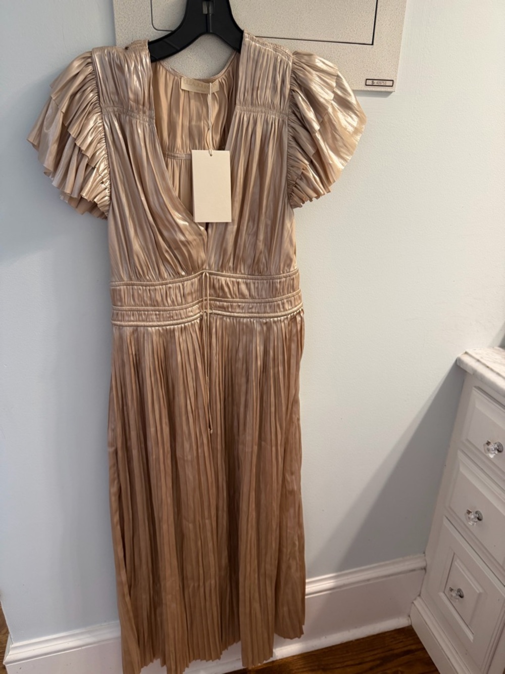 Ulla Johnson Metallic Champagne Pleated Midi Dress